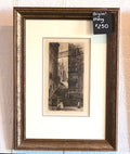 Original European Street Scene Etching Gold Embellished Wood Frame Glass 400 x 530